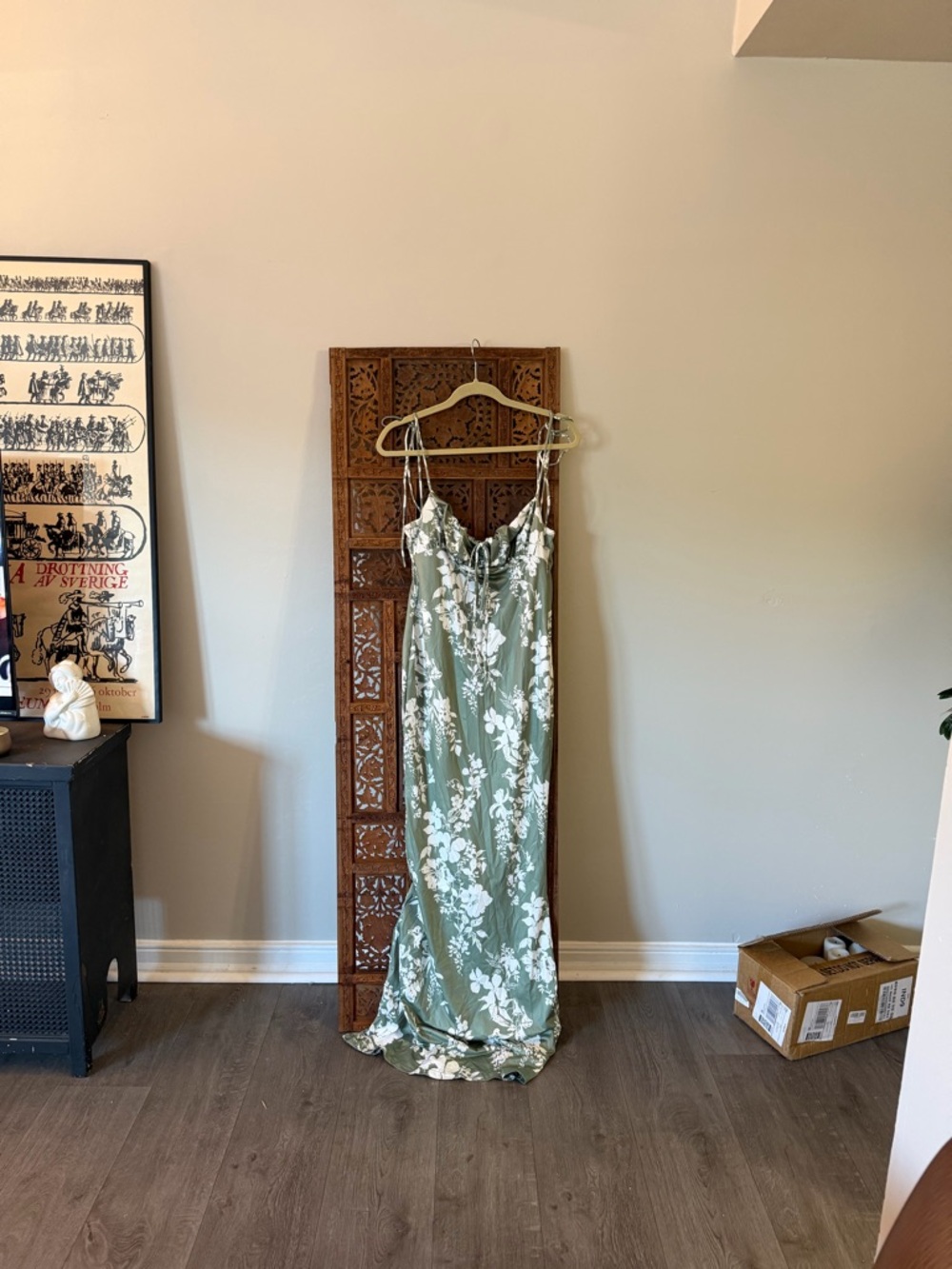 Green Floral Slip Dress with White Blossom Print